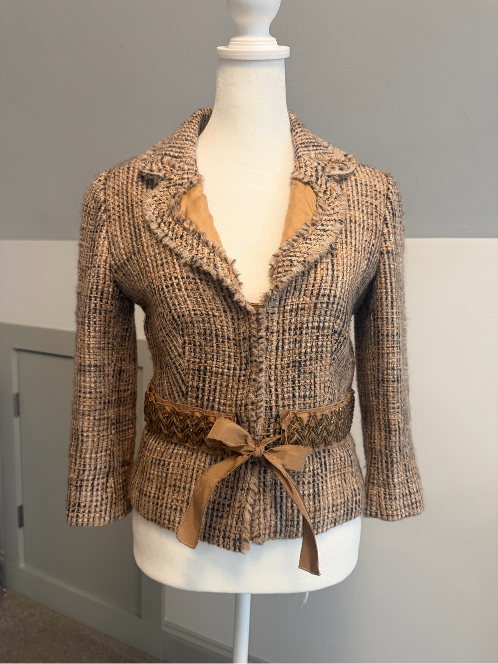 Vintage Prada Alpaca Wool Tweed Beaded Belt Beige Brown Sz US 4
